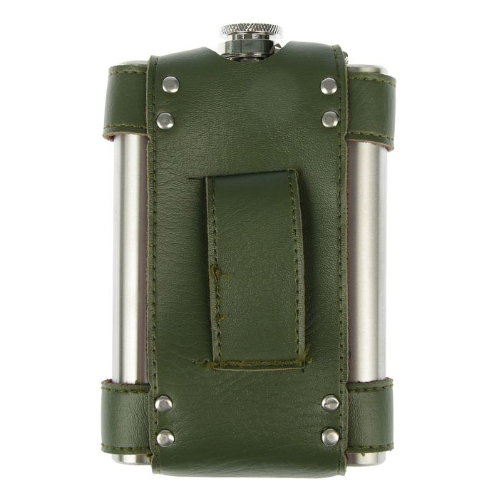Фляжка 270 мл, в зелёном чехле на клёпке с гербом СССР, металл, хромированная, 10х15 см