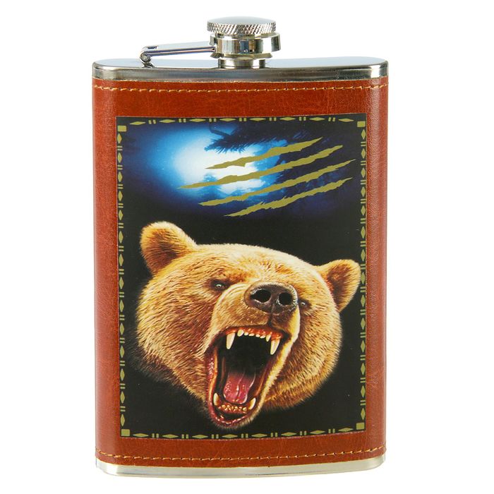 Фляжка 270 мл, Медведь, металл, кожзам, коричневая, 9.5х15 см