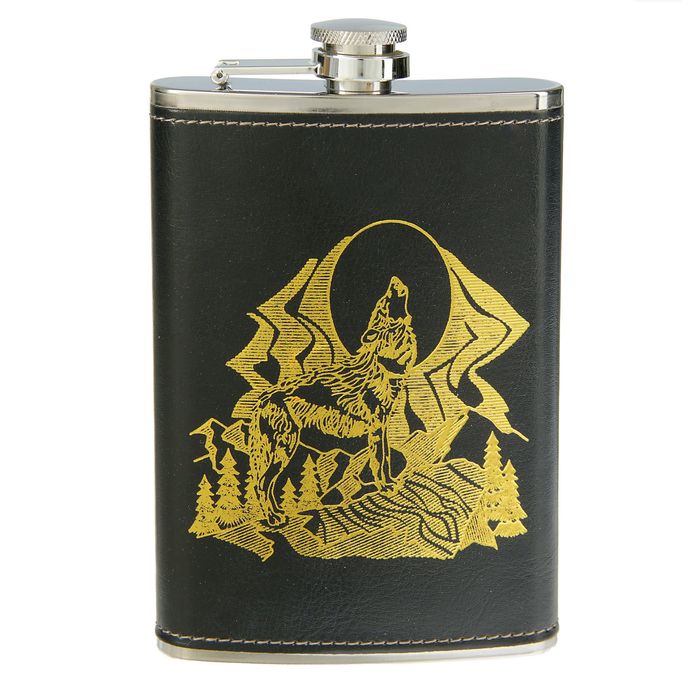 Фляжка 270 мл, Воющий волк, чёрная с золотым, 9.5х15 см
