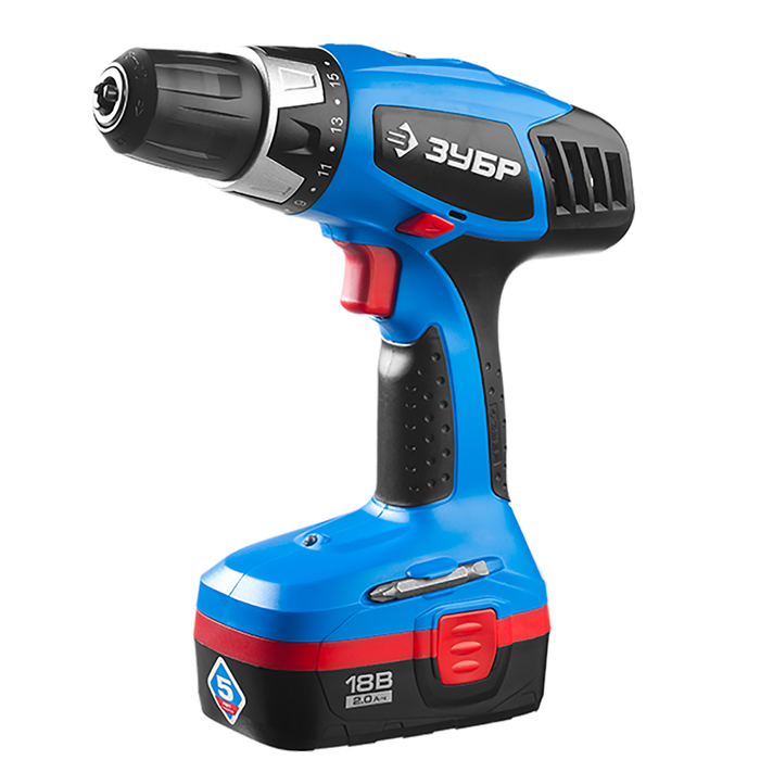Дрель-шуруповерт "ЗУБР" ЗДА-18-2 КИН20, аккум, 13мм, 400/1150 об/мин, 2х2Ач, 18В, кейс