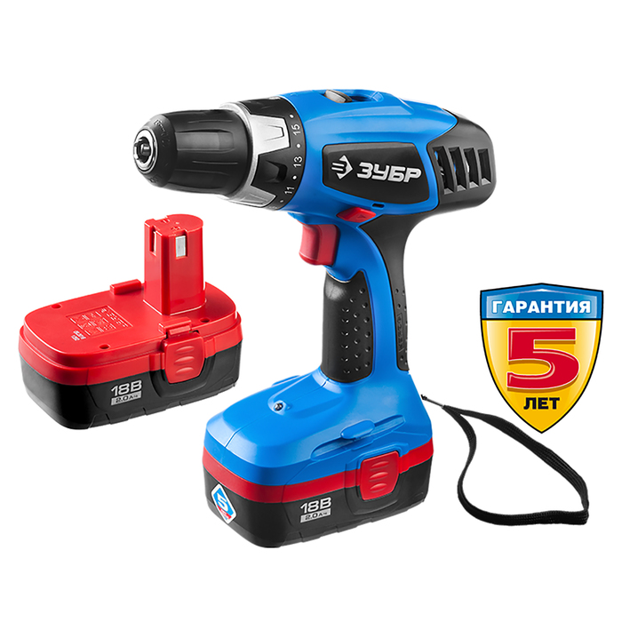 Дрель-шуруповерт "ЗУБР" ЗДА-18-2 КИН20, аккум, 13мм, 400/1150 об/мин, 2х2Ач, 18В, кейс