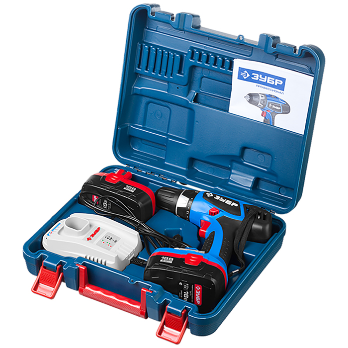 Дрель-шуруповерт "ЗУБР" ЗДА-18-2 КИН20, аккум, 13мм, 400/1150 об/мин, 2х2Ач, 18В, кейс