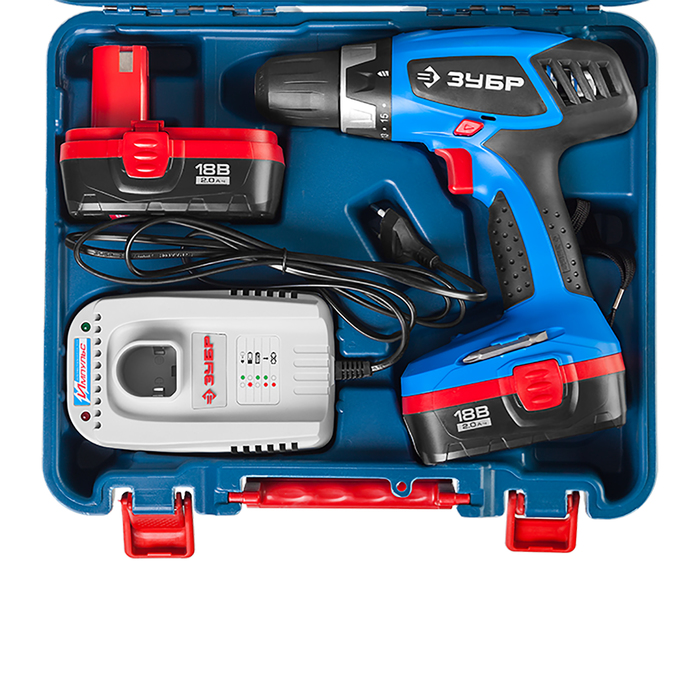 Дрель-шуруповерт "ЗУБР" ЗДА-18-2 КИН20, аккум, 13мм, 400/1150 об/мин, 2х2Ач, 18В, кейс