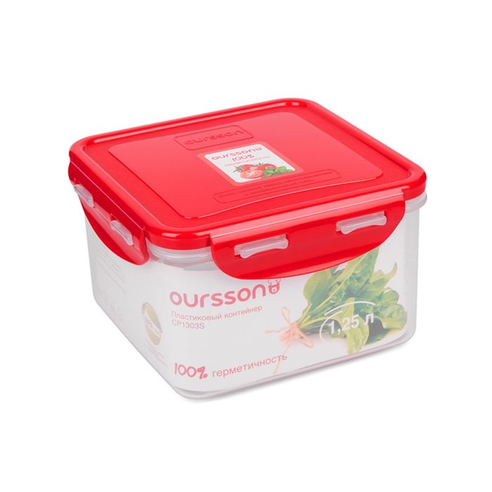 Пластиковый контейнер Oursson, красная крышка, 1,25 л, квадратный