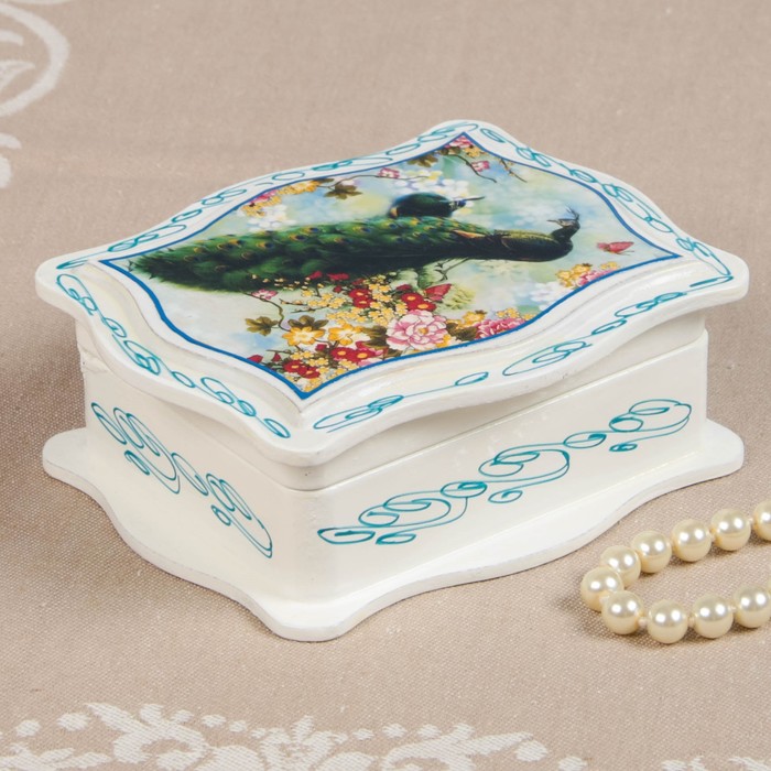 Шкатулка «Павлин», белая, 10,5х13 см, лаковая миниатюра