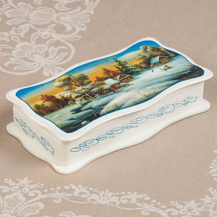 Шкатулка «Пейзаж», белая, 23×12 см, лаковая миниатюра