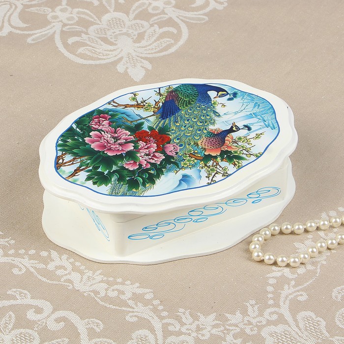 Шкатулка «Павлины», белая, 20×15 см, лаковая миниатюра