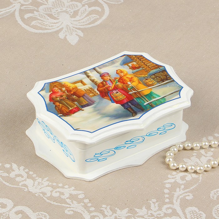 Шкатулка «Деревня», белая, 11,5×16 см, лаковая миниатюра