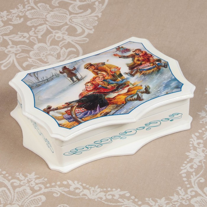 Шкатулка «Деревня», белая, 25×16 см, лаковая миниатюра