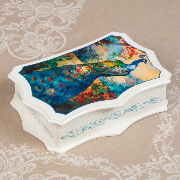 Шкатулка «Павлин», белая, 25×16 см, лаковая миниатюра