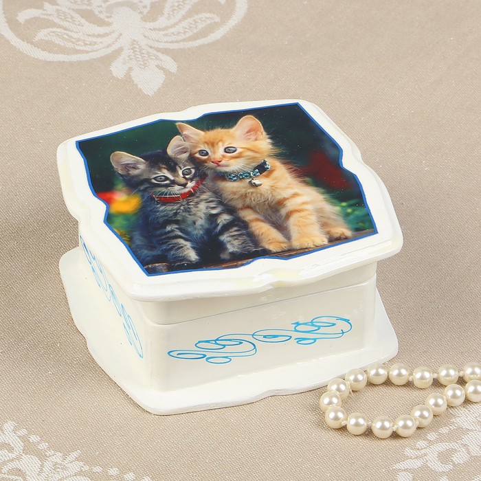 Шкатулка «Котята», белая, 11×11 см, лаковая миниатюра