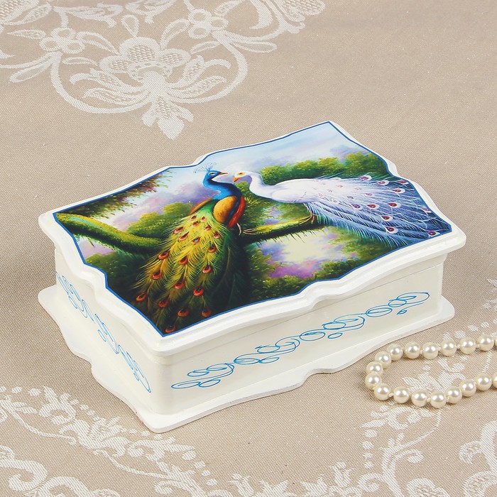Шкатулка «Павлины», белая, 13×18 см, лаковая миниатюра