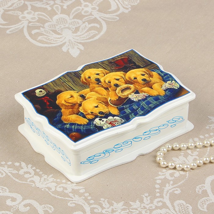 Шкатулка «Щеночки», белая, 13×18 см, лаковая миниатюра