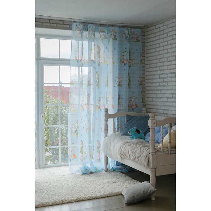 Тюль "Этель" 250х270 см Весёлый зайчик (голубой) без утяжелителя, 100% п/э