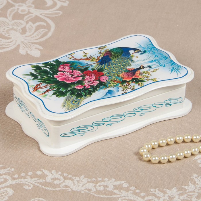 Шкатулка «Павлин», белая, 11×17,5 см, лаковая миниатюра