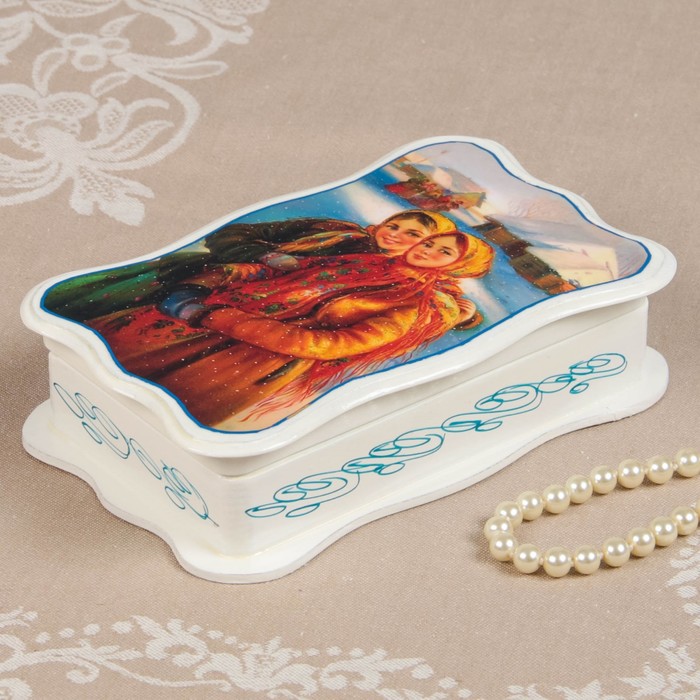 Шкатулка «Деревня», белая, 11×17,5 см, лаковая миниатюра