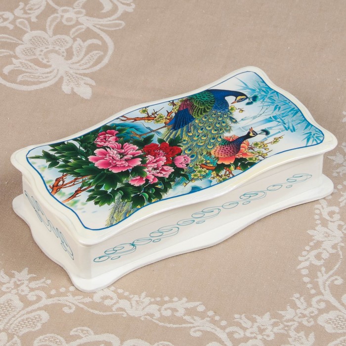 Шкатулка «Павлин», белая, 23×12 см, лаковая миниатюра