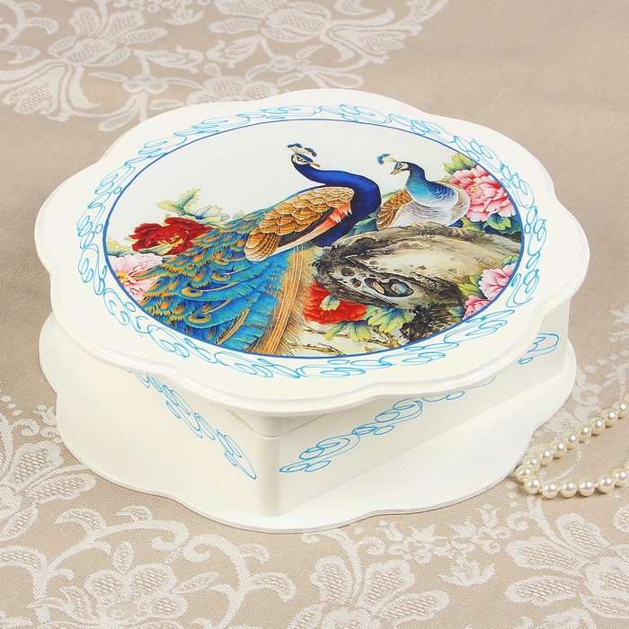 Шкатулка «Павлины», белая, 26×26 см, лаковая миниатюра