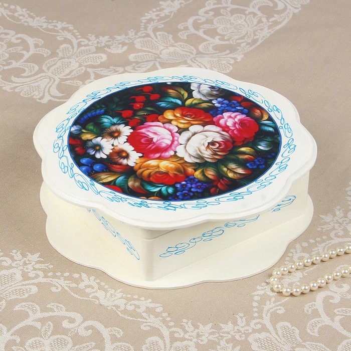 Шкатулка «Жостово», белый, 26х26 см, лаковая миниатюра