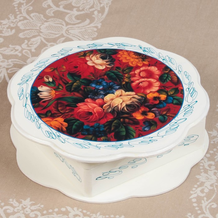 Шкатулка «Жостово», белая, 26×26 см, лаковая миниатюра