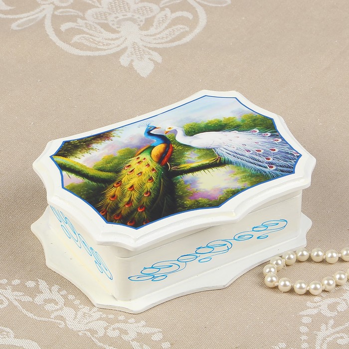Шкатулка «Павлины», белая, 11,5×16 см, лаковая миниатюра