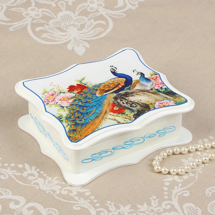 Шкатулка «Павлины», белая, 16×14 см, лаковая миниатюра