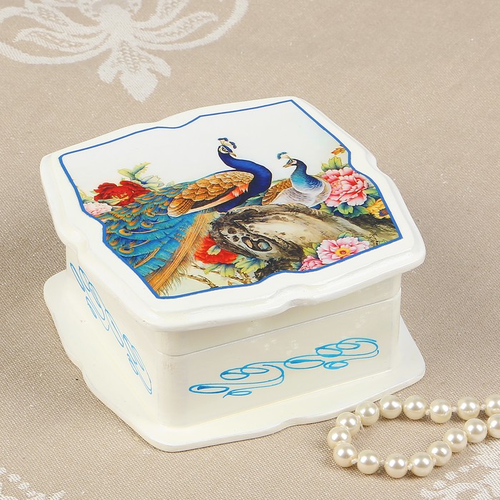 Шкатулка «Павлины», белая, 11×11 см, лаковая миниатюра