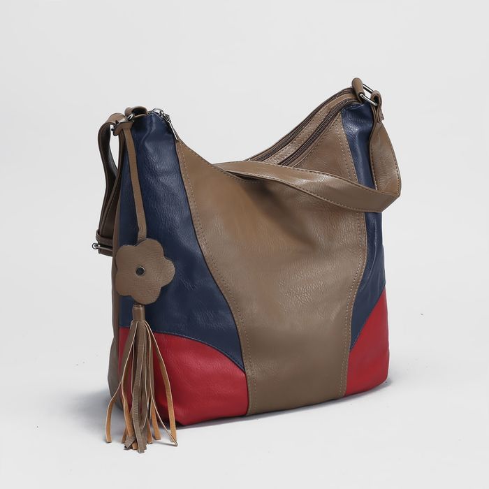 Сумка женская на молнии, 2 отдела, наружный карман, цвет красный/синий/коричневый