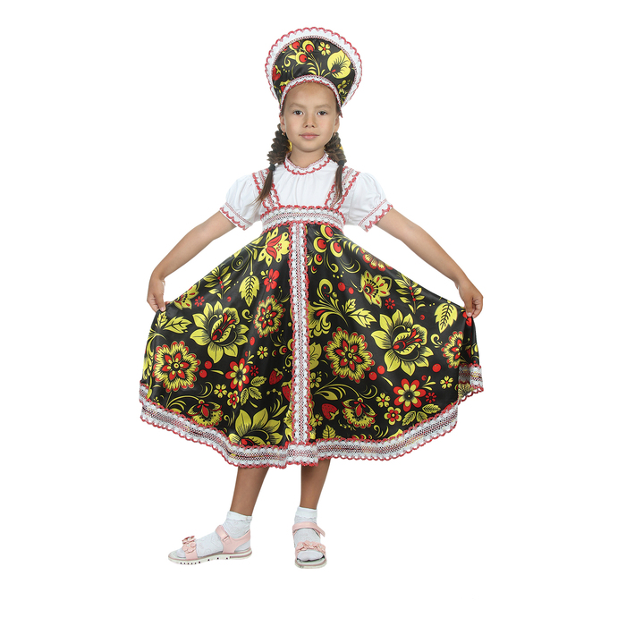 Русский народный костюм "Хохлома", платье, кокошник, цвет чёрный, р-р 32, рост 122-128 см
