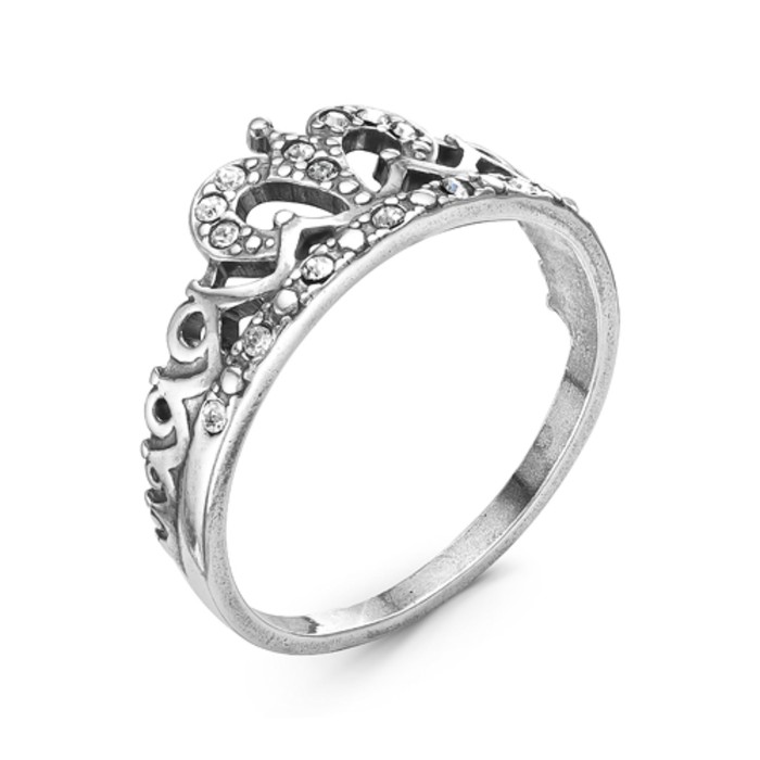 Кольцо "Корона" в стразах, посеребрение с оксидированием, 18 размер