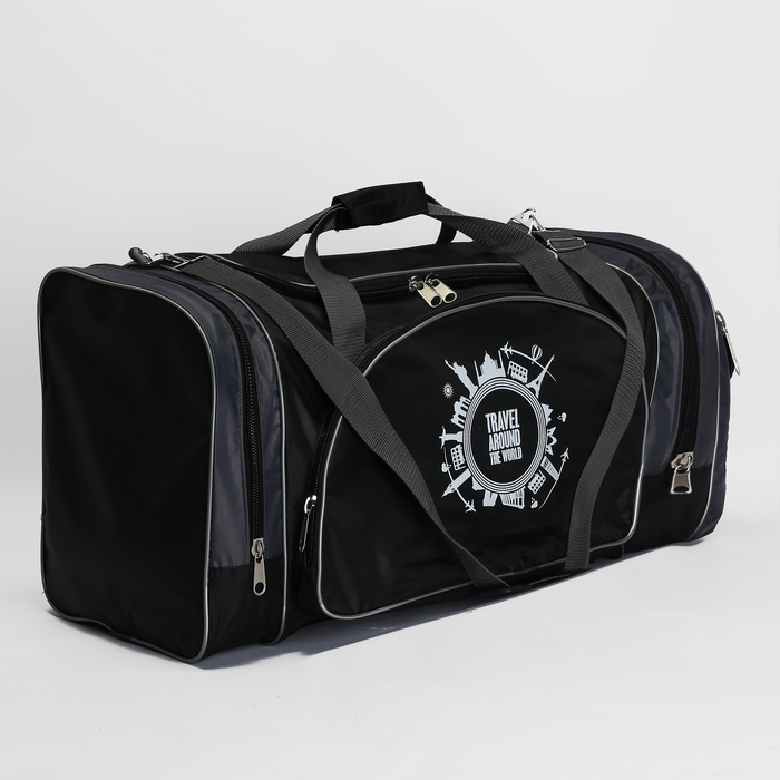 Сумка дорожная на молнии, 1 отдел, 4 наружных кармана, цвет чёрный/серый