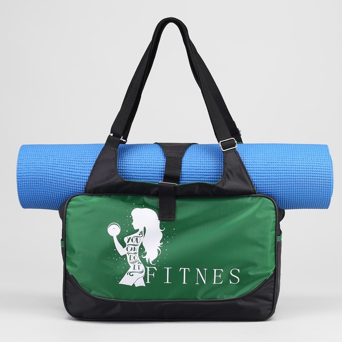 Сумка спортивная на молнии, крепление для коврика, 1 отдел, 2 наружных кармана, цвет чёрный/зелёный