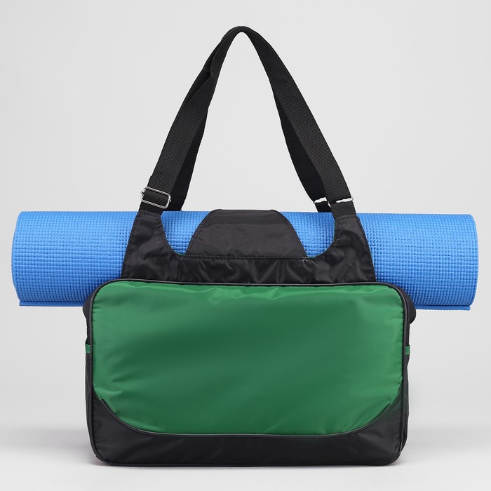 Сумка спортивная на молнии, крепление для коврика, 1 отдел, 2 наружных кармана, цвет чёрный/зелёный