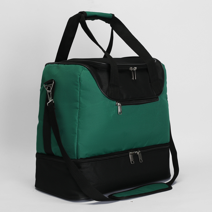 Сумка-трансформер дорожная, 2 отдела, наружный карман, ремень, цвет чёрный/зелёный