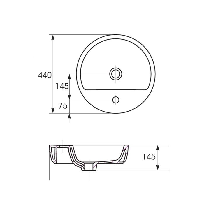 Встраиваемая раковина Cersanit RING CASPIA, ширина 44 см, с 1 центральным отверстием