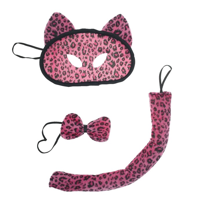 карнавальный набор леопард 3 предмета (маска, бант, хвост) черно-малиновая 48*29
