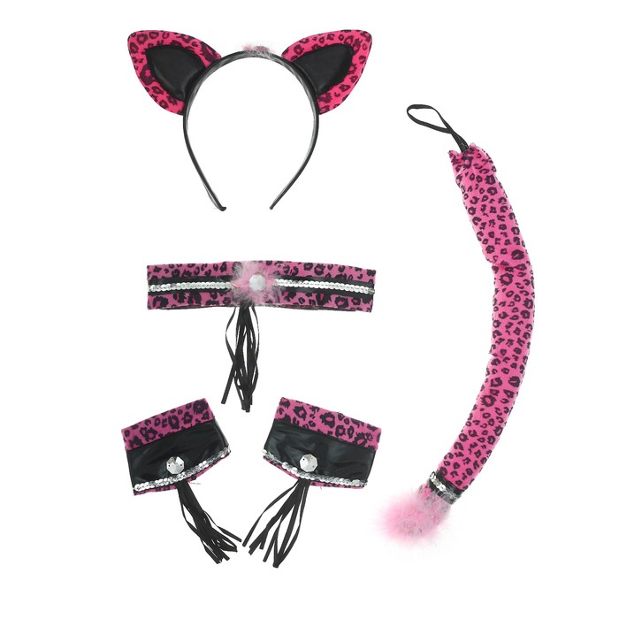 Карнавальный набор "Леопард", 5 предметов: ободок, ожерелье, 2 браслета, хвост, цвет черно-розовый