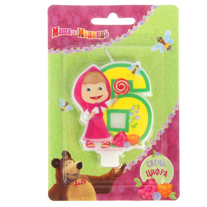 Свеча для торта цифра "Маша и Медведь" жёлтая "6"