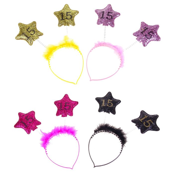 Ободок "15 лет" с пушком, 2 звезды, цвета МИКС