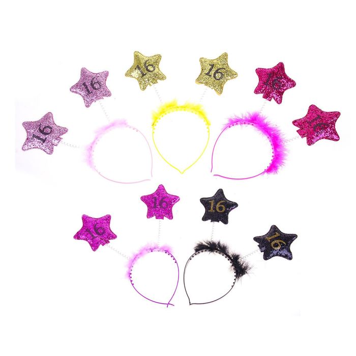Ободок "16 лет" 2 звезды с пушком, МИКС