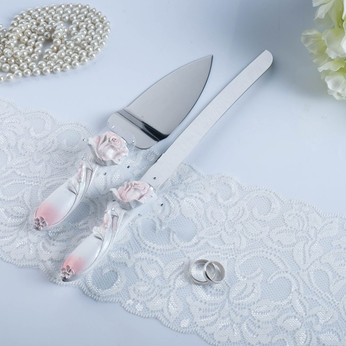 Набор для торта "Розовая Роза" из ножа 32см и лопатки 26см, полистоун