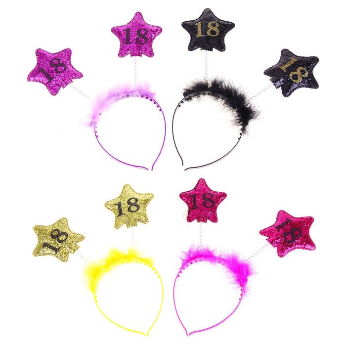 Ободок "18 лет" 2 звезды с пушком, МИКС