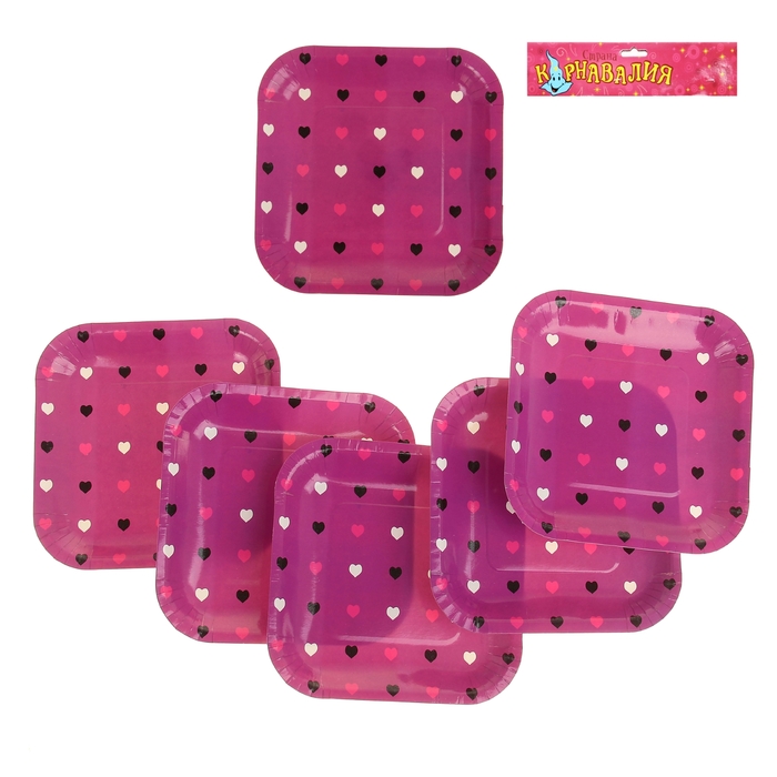 Набор бумажных тарелок "Цветные сердечки" фуксия, (6 шт), 18 см