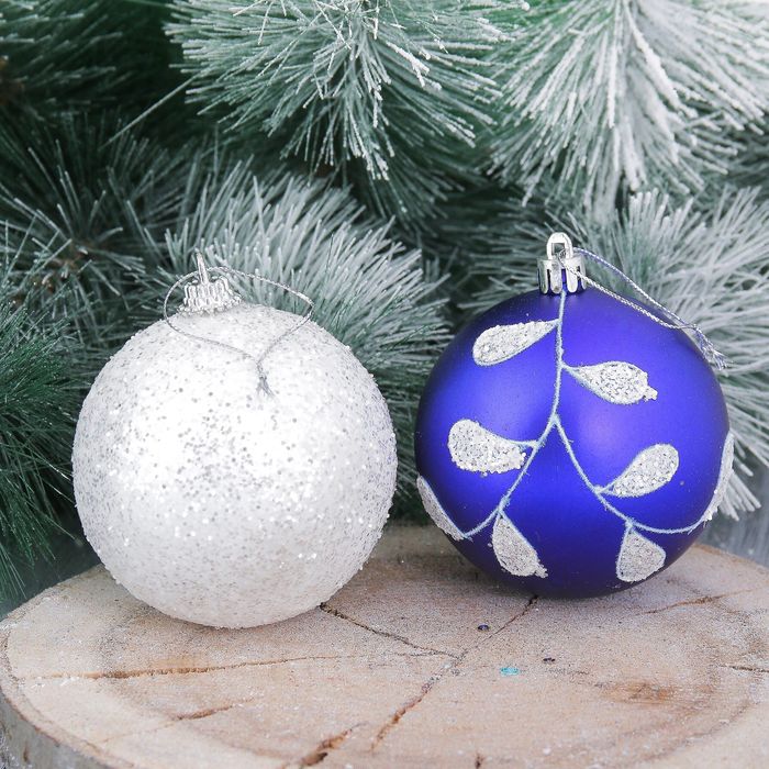 Набор шаров пластик "Веточка " d-8 см 6 шт бело синий