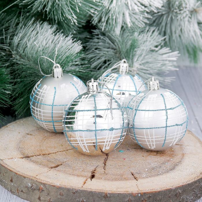 Набор шаров пластик "Клеточка" d-6 см 6 шт серебро