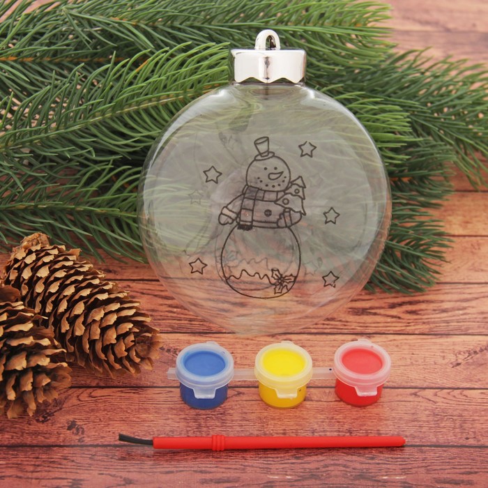 Новогоднее ёлочное украшение под раскраску "Шар со снеговиком", 3 х 10 х 11 см + краски 3 цветов + кисть