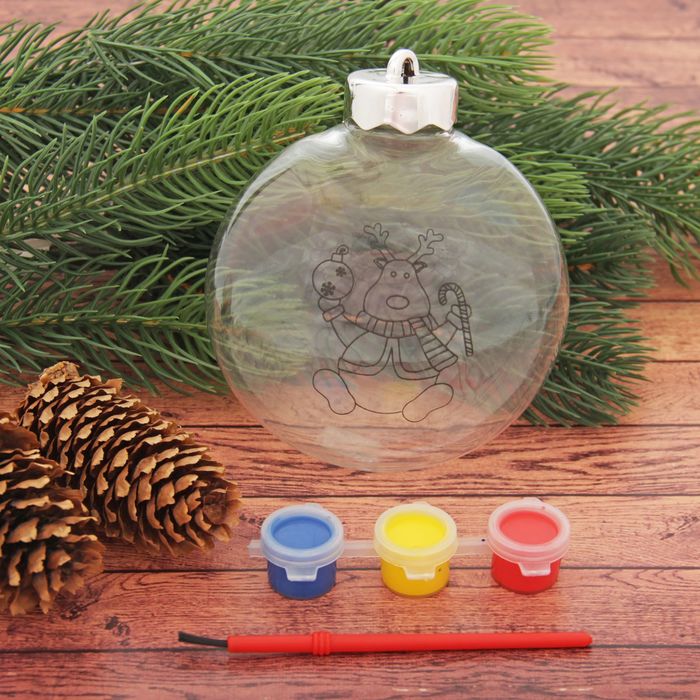 Новогоднее ёлочное украшение под раскраску "Шар с оленем", 4,5 х 10 х 11 см + 3 цвета краски + кисть