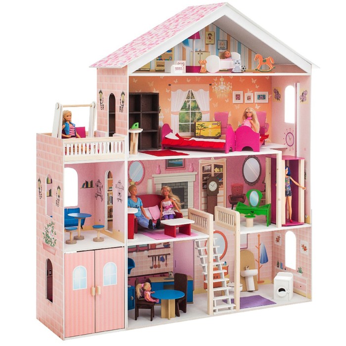 Большой дом для кукол «Мечта» (28 предметов мебели, лифт, лестница, гараж, балкон, качели)