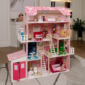 Деревянный дом для кукол «Нежность», (28 предметов мебели, 2 лестницы, гараж) от Сима-ленд