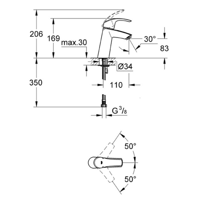 Смеситель для раковины GROHE Eurosmart, гладкий корпус, средний излив